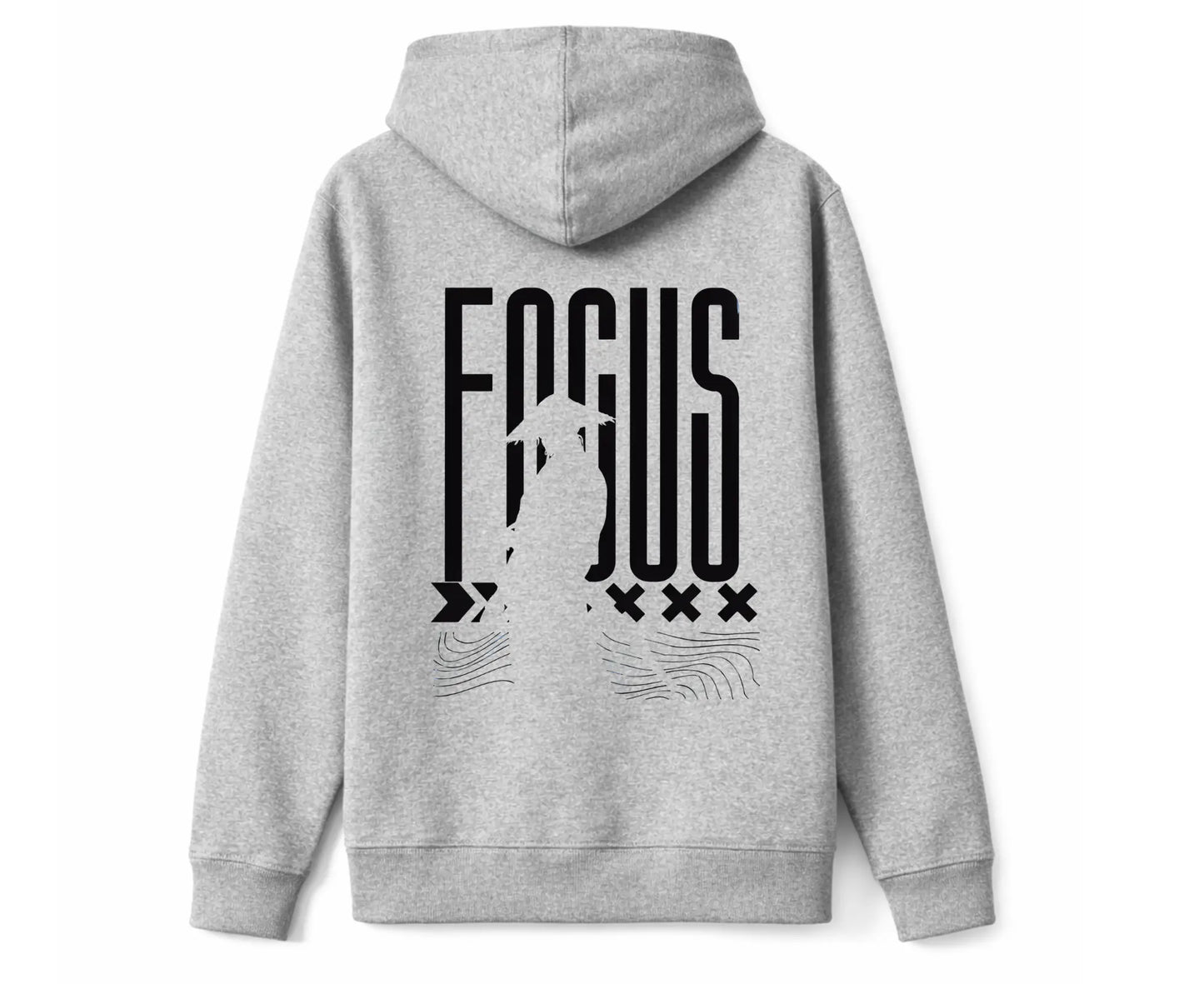 Dos du hoodie gris Kusetsu avec inscription Focus
