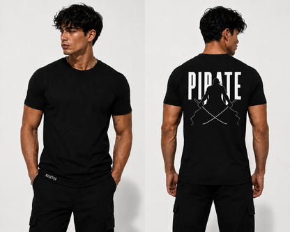 T-shirt Roronoa Zoro porté - face et dos - streetwear manga noir One Piece homme