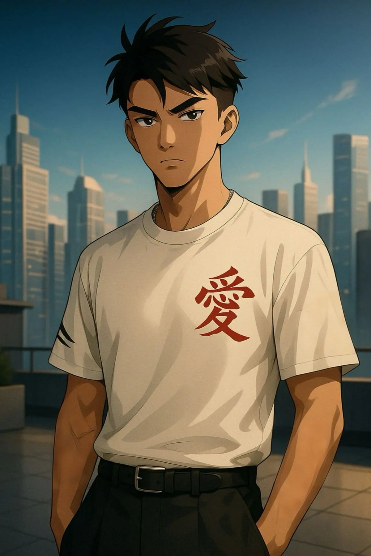 T-shirt beige Kusetsu kanji 愛 Amour porté - streetwear japonais