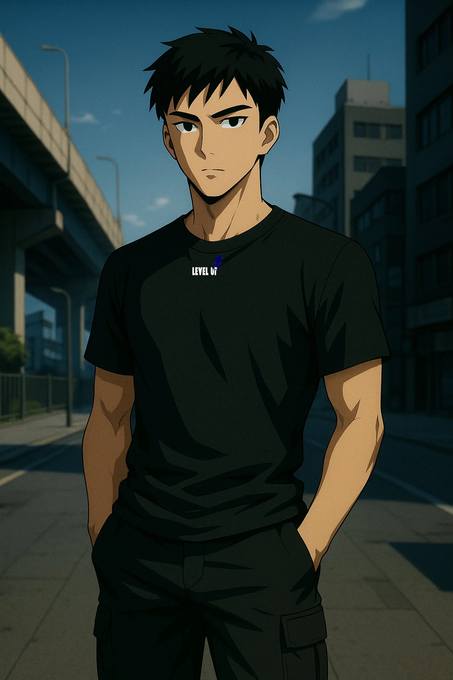 Personnage anime portant t-shirt noir Kusetsu Level Up streetwear
