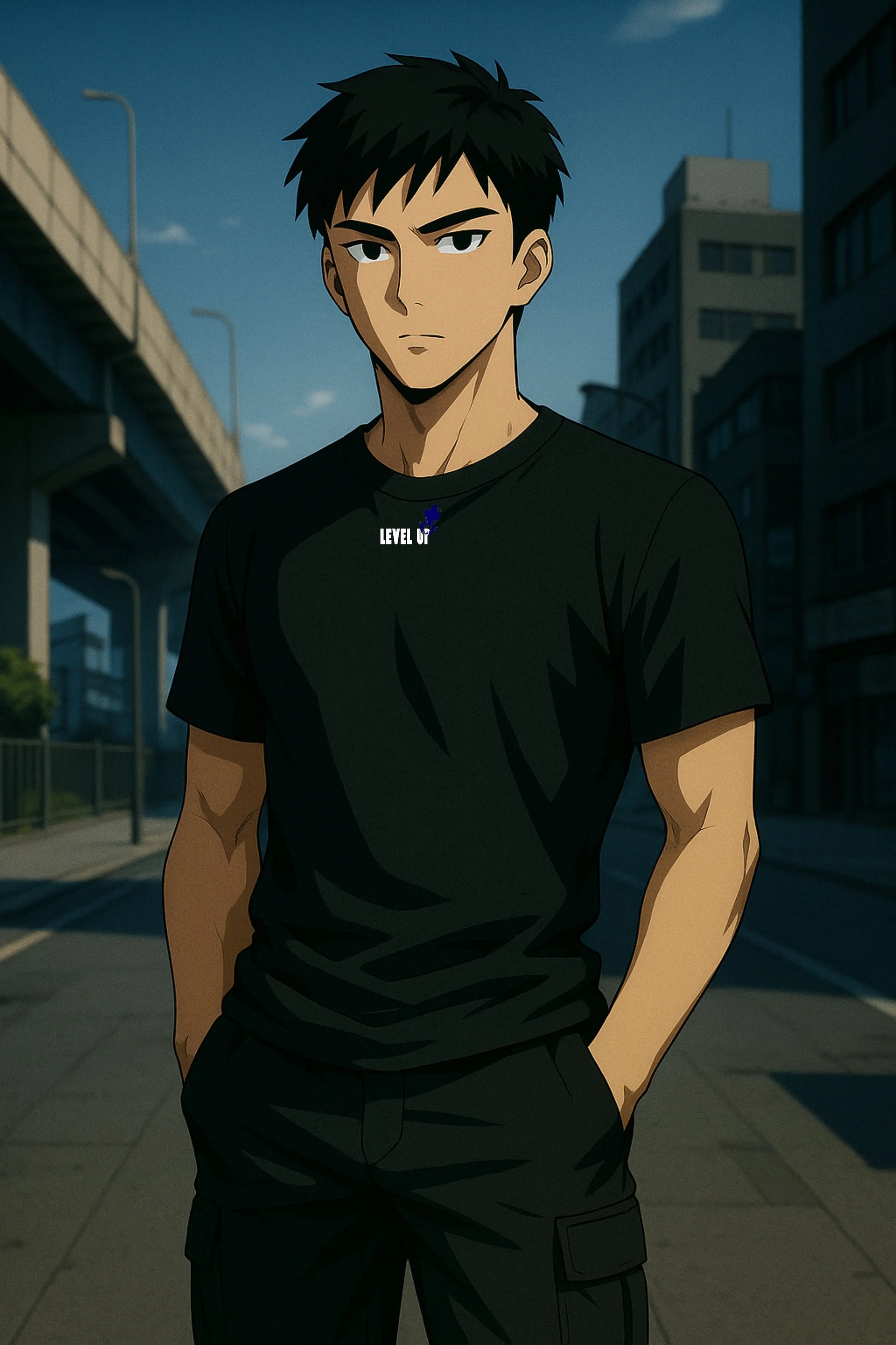 Personnage anime portant t-shirt noir Kusetsu Level Up streetwear

