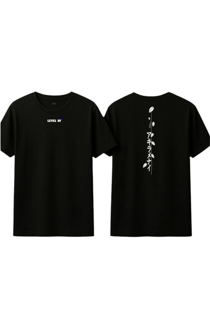 T-shirt noir Kusetsu Level Up streetwear avec texte japonais au dos
